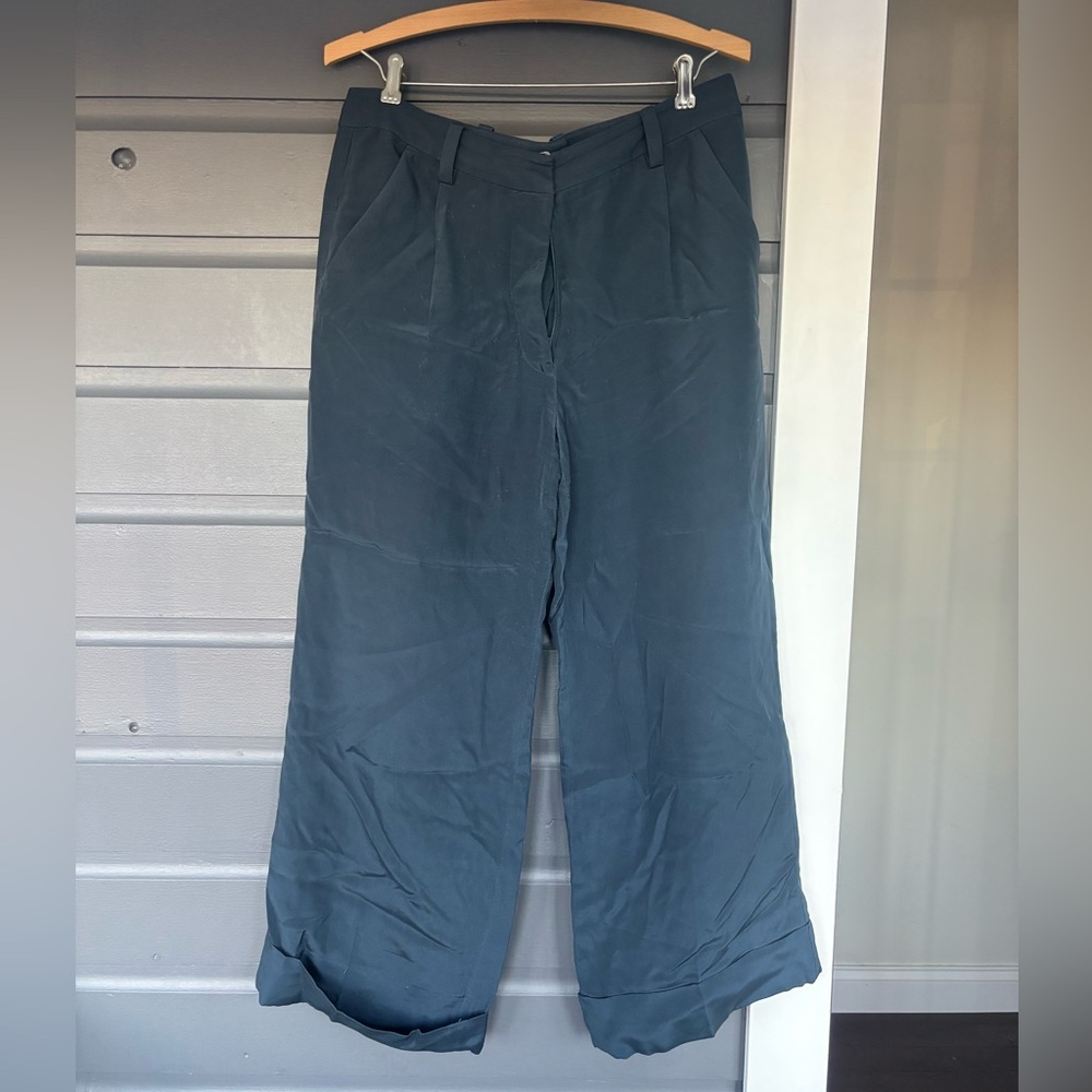 Philip lim navy blue silk wide leg cuffed pants size 6